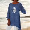 Women Fashion 3/4 Sleeve Top Round Neck Print Plus Size Blouse Thin Cotton Linen Shirt
