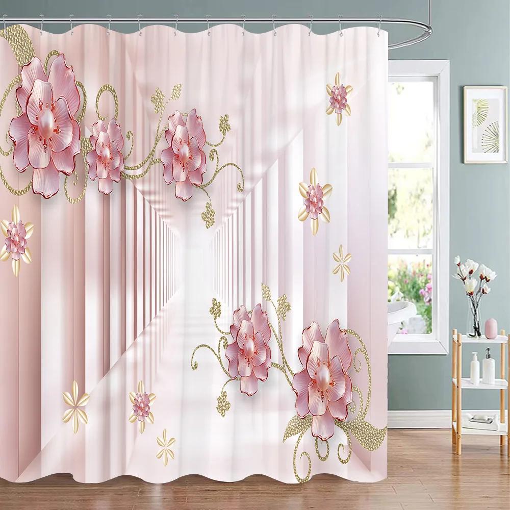 Elegant and Fashionable Fantasy Pearls and Diamonds Bouquet Shower Curtains 3D Style Relief Sculpture Bath Curtain Bathroom Deco