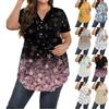Women's Printed Large Size  V Neck Button-Up Top Casual Short Sleeve Flowy Top
