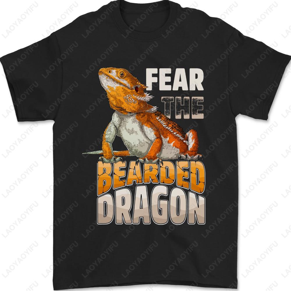 Fear The Bearded Dragon Mens TShirt Retro Reptile Graphic Streetwear Cotton Tee Humorous Animal Print Casual Top
