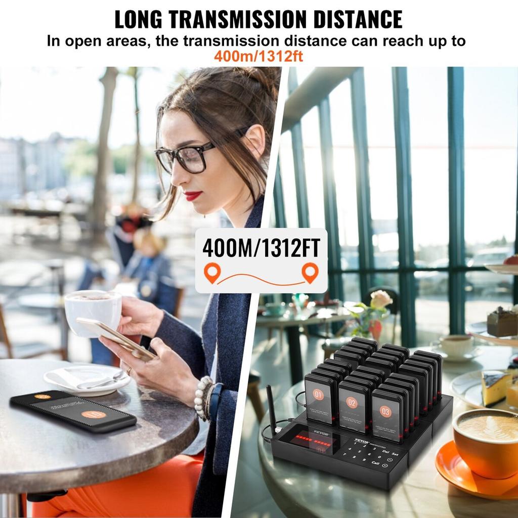 Restaurant Pager System, Wireless 400m Long Range Lineup Waiting Queue Signal, Guest Customer Calling Beepers with Vibration & Flashing, 24 Buzzers