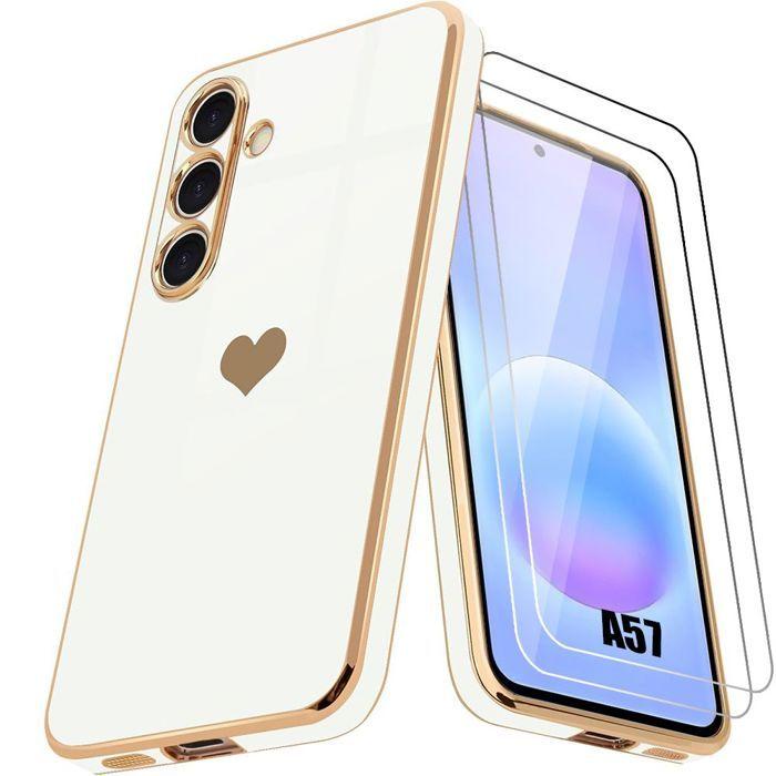 Coque pour Samsung Galaxy A57 5G, Silicone Motif Cœur Ultra Slim Souple Blanc - 2 Verres Trempés