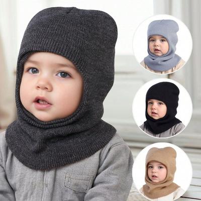 Шапка-пуловер на осень и зиму для детей 3-12 лет, детская цельная шапка с двумя помпонами и защитой ушей, милая вязаная шерстяная шапка однотонного цвета
