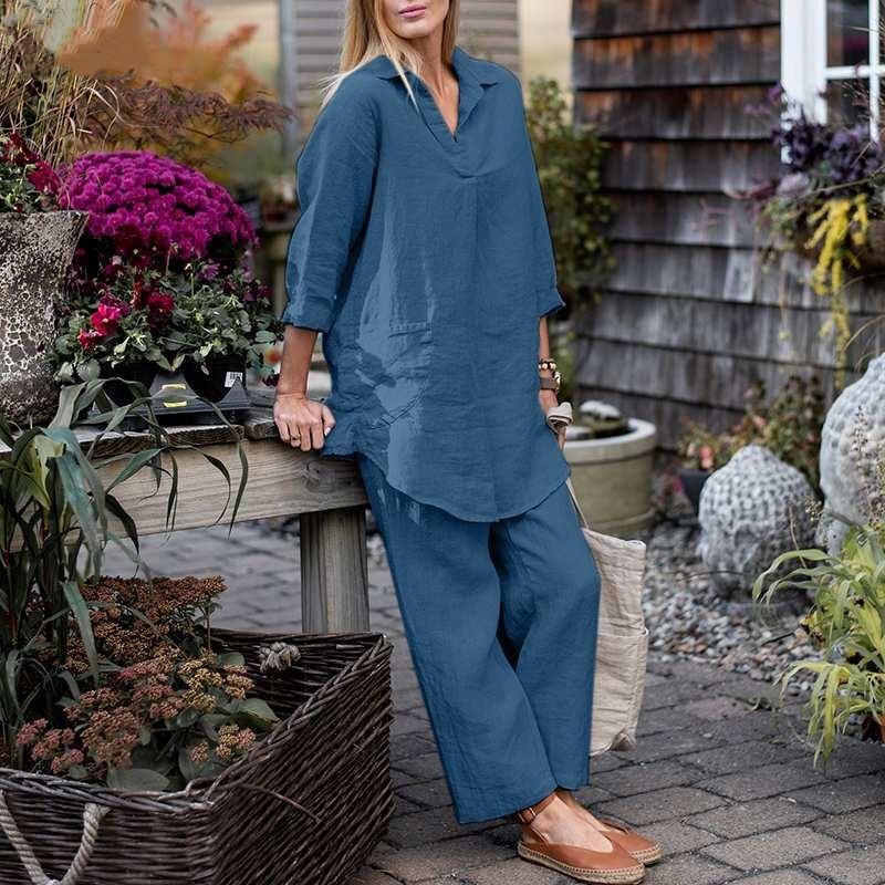 Женский комплект из 2 шт., свободная блузка с воротником-поло, блузка с длинными рукавами, широкие брюки, однотонные комплекты