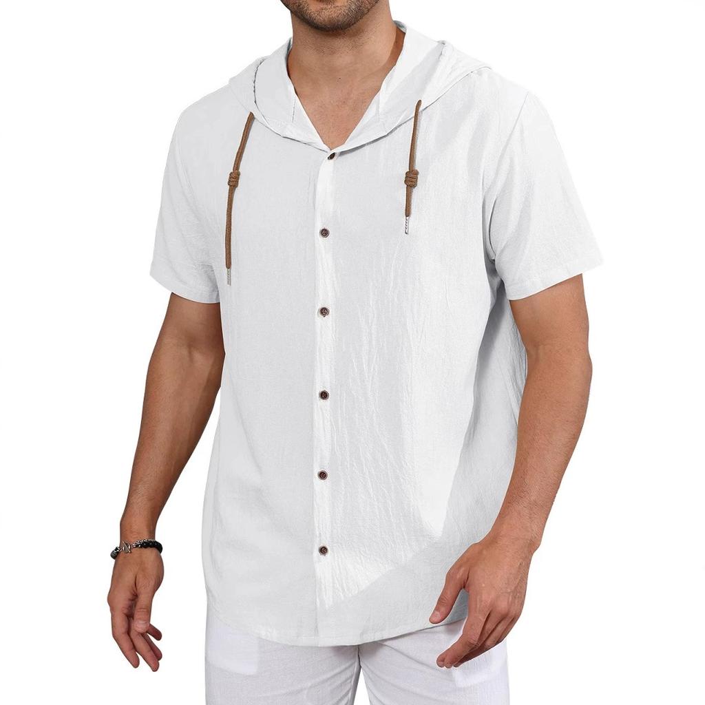 Men's Short Sleeve Shirt Cotton Linen Breathable Lightweight Solid Color Drawstring Hooded Shirts Casual Simple Style Tops