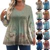 Women's T-Shirt Vintage Floral Print V-Neck Loose Long Sleeve Large Size Tops