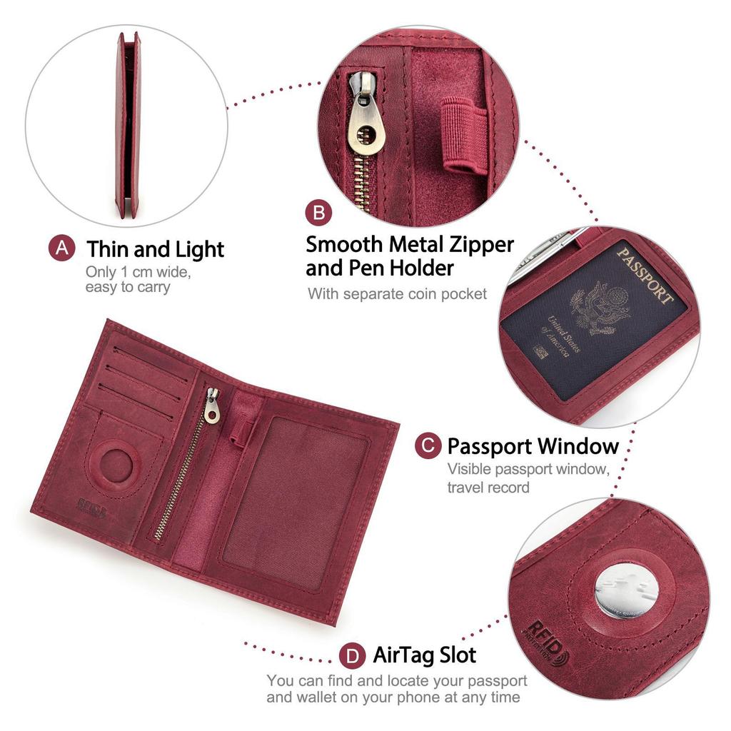 CONTACT'S Genuine Leather Passport Wallet Business Credit Card Holder Anti-lost Travel Purse