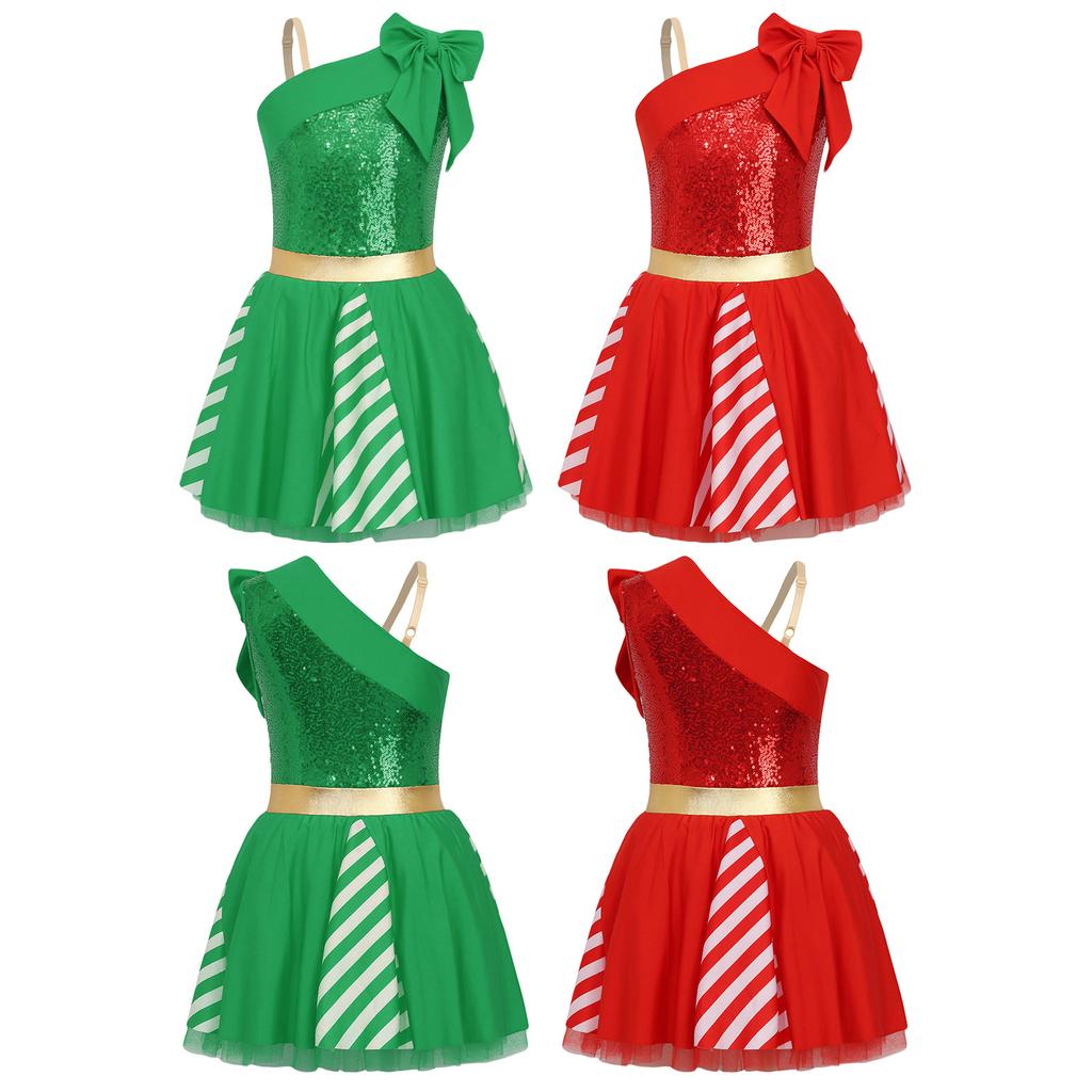 Girls Christmas Costume Sequins Striped Tutu Dress Sleeveless for Xmas Party Dance Performance