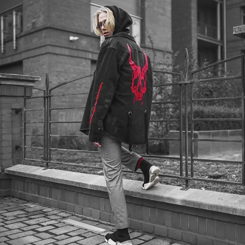 Джинсовая куртка с принтом «Череп» в европейском и американском стиле — мужское пальто с длинными рукавами и лацканами, большой размер, универсальное решение для весны и осени.