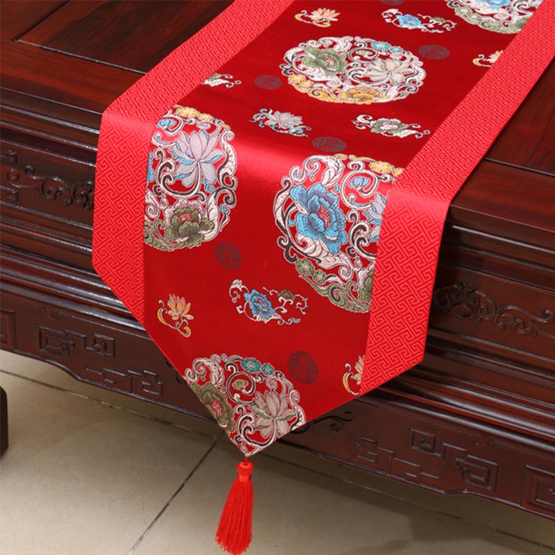 Chinese Silk Dragon Phoenix Floral Table Runner with Tassels and Lace Wedding Decor Centerpiece