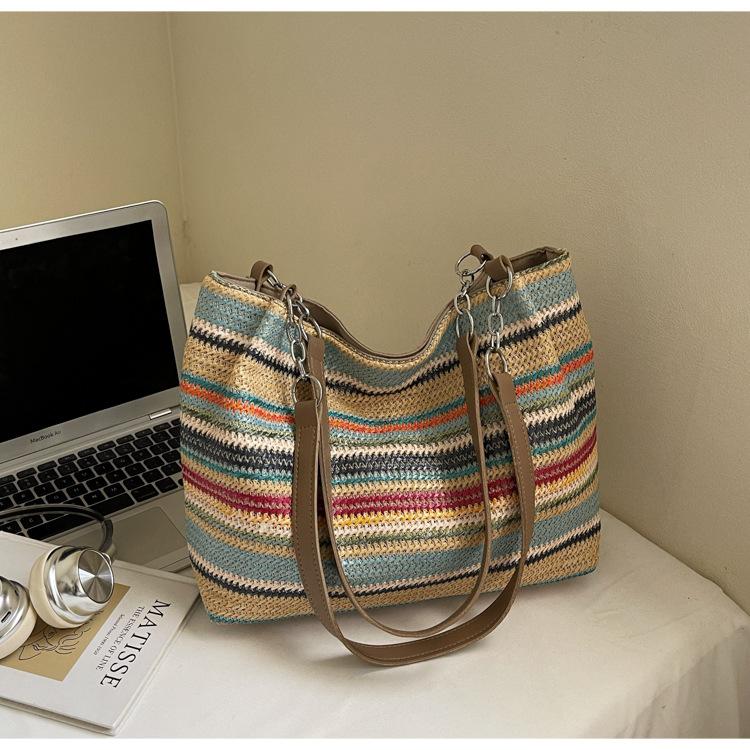 Contrasting color woven large-capacity tote bag women's summer new trendy simple leisure college student class commuting shoulder bag