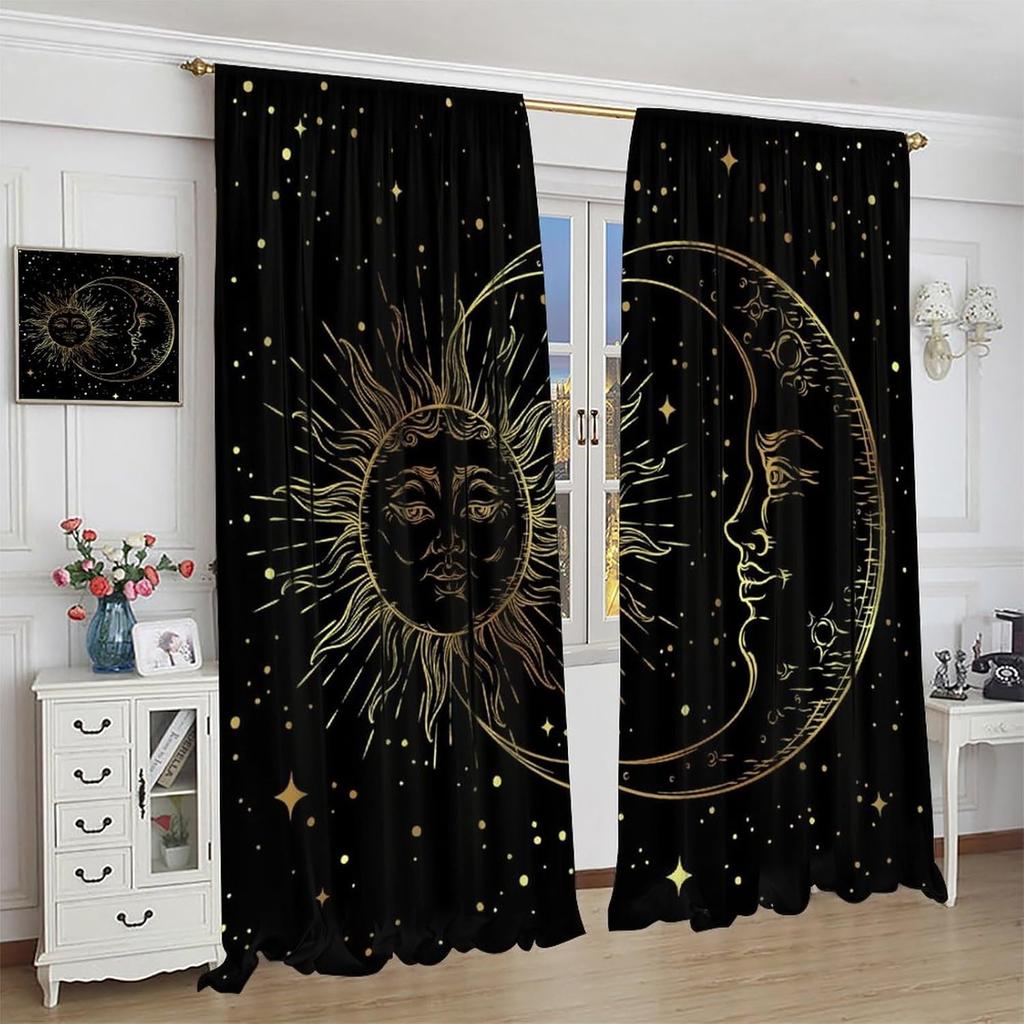 Sun Moon Curtains Bohemian Celestial Art Printed Blackout Window Drapes for Bedroom Living Room Kitchen Decor Fabric Set 2 Panel