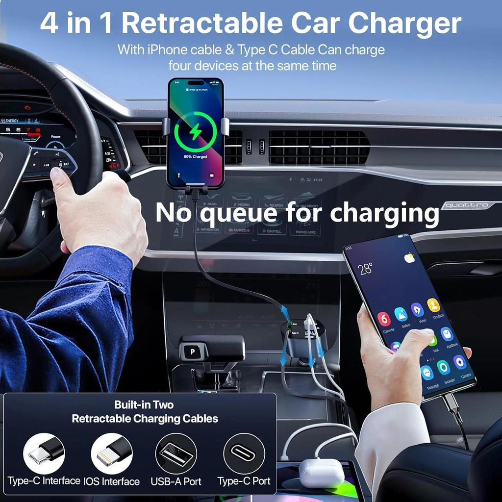 Retractable Car Charger 2 Ports USB Type C Fast Car Charger for iPhone 16 15 14 13 12 Pro Max Samsung