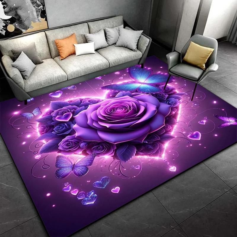 Purple Rose Butterfly Rug Enchanting Floral Fantasy for Romantic Rooms Dreamy Area Rugs Anti slip carpet can be machine washed