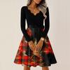 Women's Casual Fashion V-neck Long Sleeved Retro Christmas Print Retro Dress