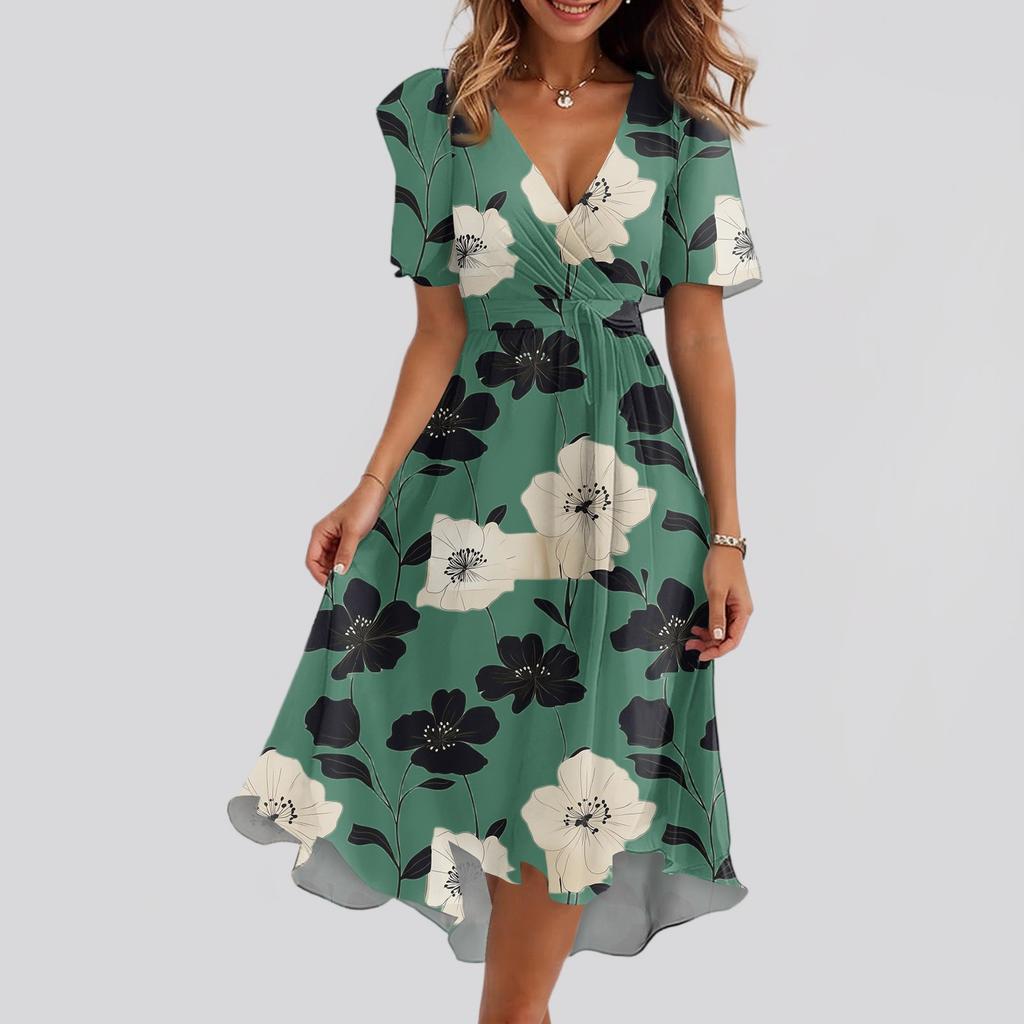 Женское свободное повседневное платье с V-образным вырезом, расклешенная юбка, короткие рукава, напечатанное платье с принтом