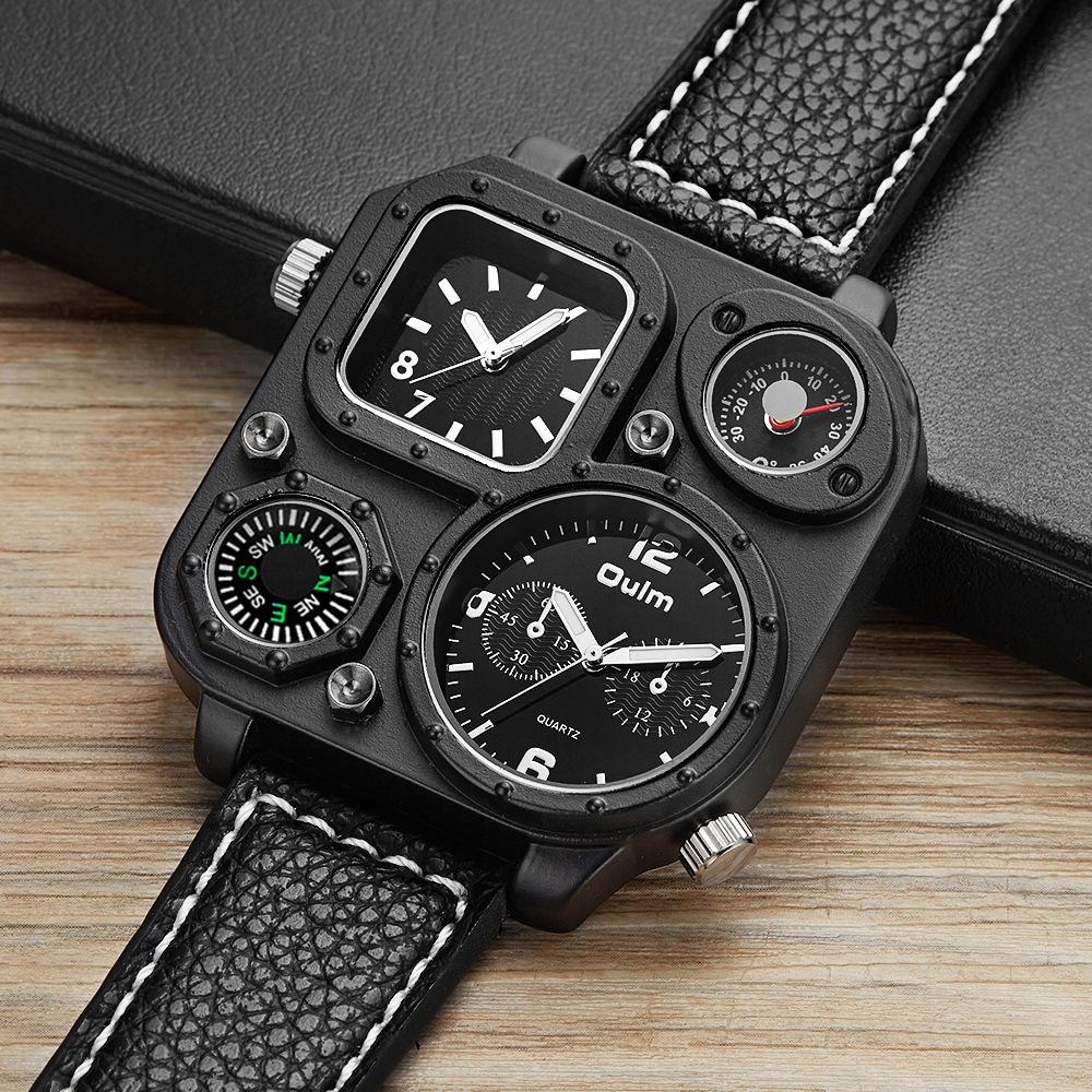 Oulm 1169 Big Dial Analog Luminous Hands Quartz Wrist Watch Clock PU Leather Band Multiple Time Zone Fashion Casual Mens Watch