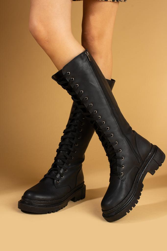 Удобные женские ботинки ниже колена на толстой подошве со шнуровкой и молнией 59-904-24