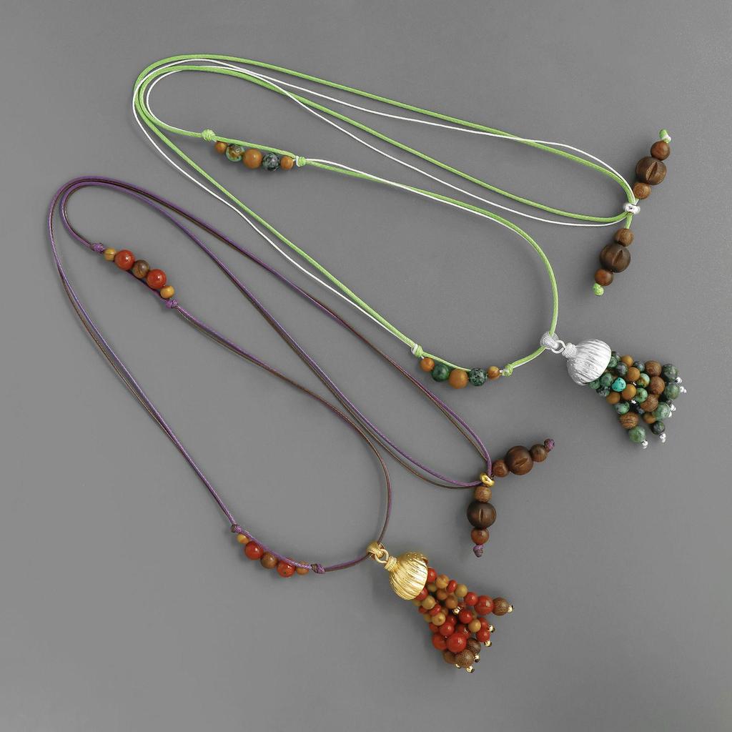 SWAH Vintage Nomadic Style Fruit Tassel Wood Bead Long Necklace with Ear Hook