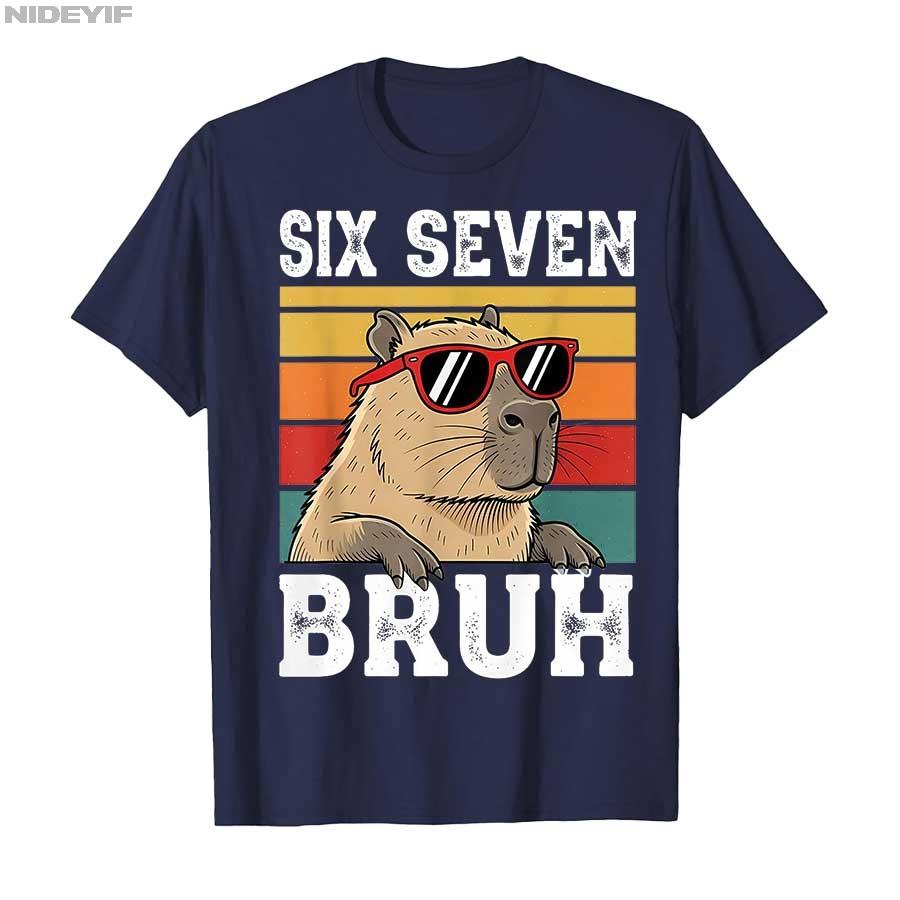 Six Seven Bruh Meme Funny Capybara Tshirt for Unisex Women Cotton T Shirts Short Sleeve