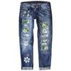 Women's Blue Flower Printed Stretch Jeans High Waist Trousers Patch Ripped Destroyed Denim Pants Skinny Pants