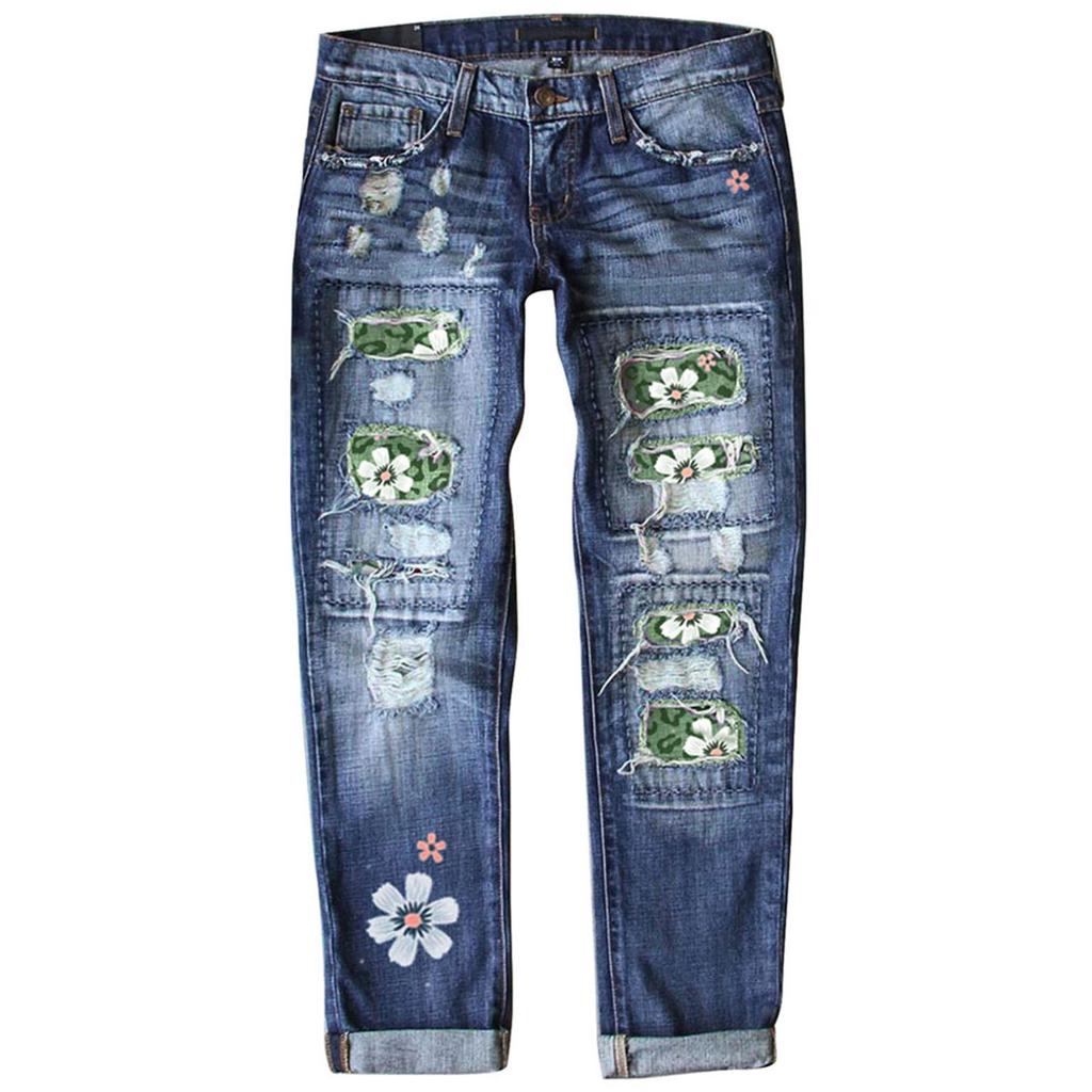 Women's Blue Flower Printed Stretch Jeans High Waist Trousers Patch Ripped Destroyed Denim Pants Skinny Pants