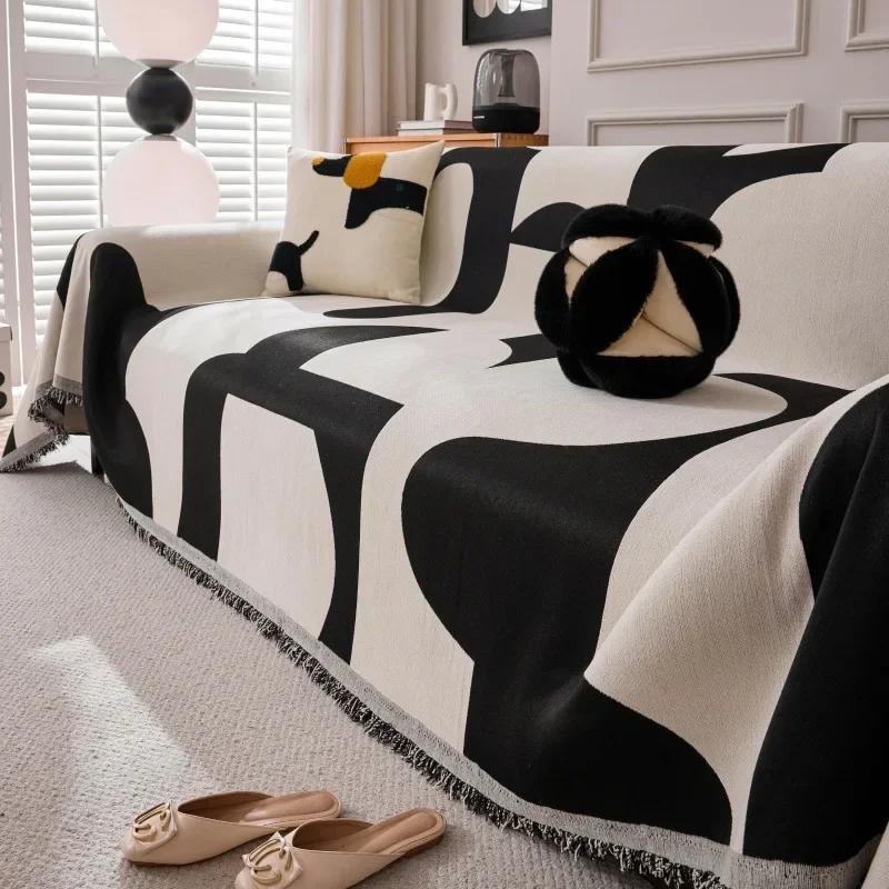 Boho Jacquard Chenille Sofa Towel with Tassels Double-side, for Living Room Camping Picnic Large Blanket Leisure Relax Beach