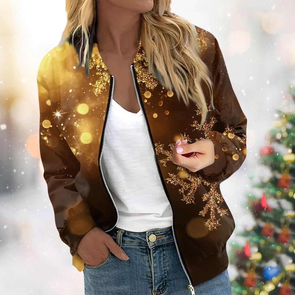 Женская легкая короткая куртка с длинными рукавами на молнии с принтом, повседневная стеганая куртка с карманами, рождественская