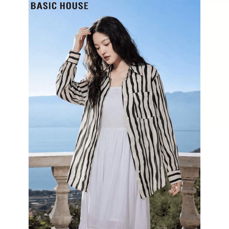 Базовая женская рубашка Basic House с полосками из ледяного шелка, с длинным рукавом, для защиты от солнца