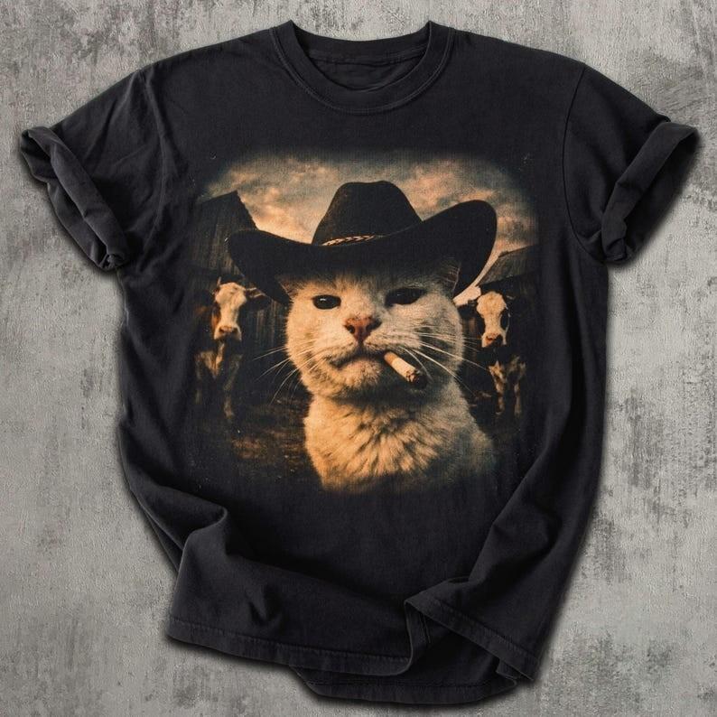 Cowboy Cat Smoking Cigar Funny Western Meme Cat T shirt