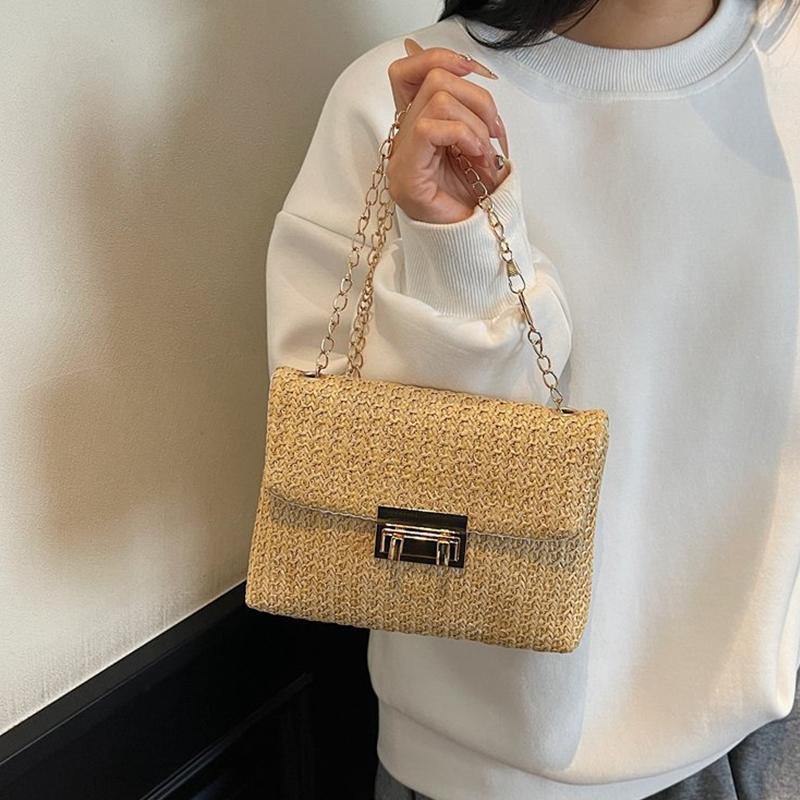Buckle Closure Chain Crossbody Shoulder Bag Sweet Raffia Woven Women Sling Bag Solid Color Lightweight Beach Travel Purse