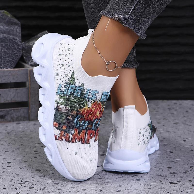 Модные кроссовки на платформе с принтом для женщин, дышащие трикотажные спортивные туфли, женская мягкая подошва, нескользящие кроссовки для бега для женщин