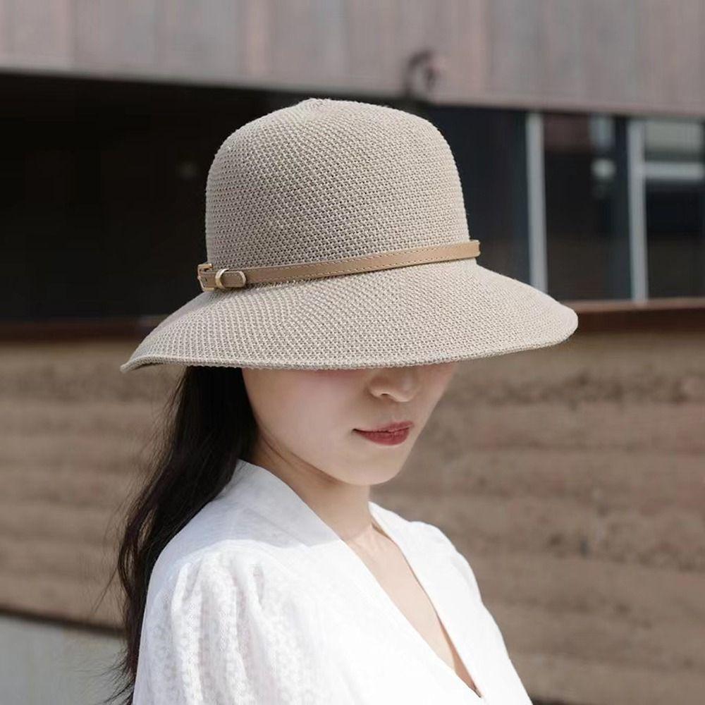 Hats Travel Sun Hats Women Sunscreen Hats PU Leather Belt Summer Bucket Hats Outdoor Straw Hats