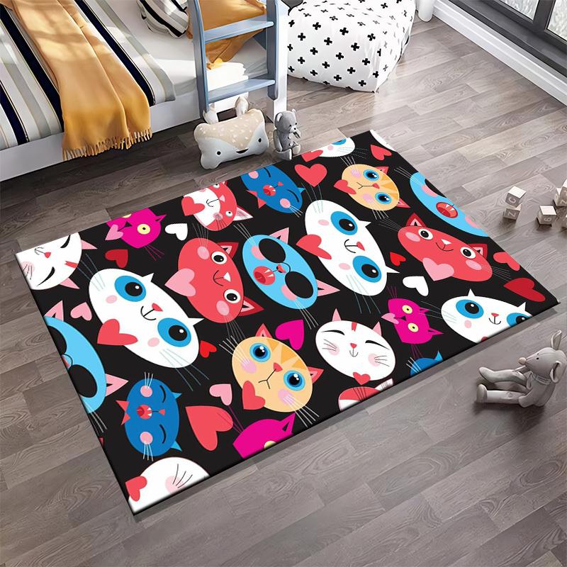 Colorful Cartoon Cats and Hearts Pattern on Black Background for Cute Decorative Carpet Suitable for use as an anti-slip1 for1room and bedroom sofas