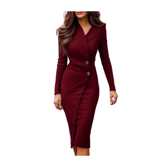 Женское платье-футляр с длинным рукавом, облегающее фигуру, с V-образным вырезом, деловое, для коктейльной вечеринки, рабочее, длиной до колена, миди, платье-запа́х