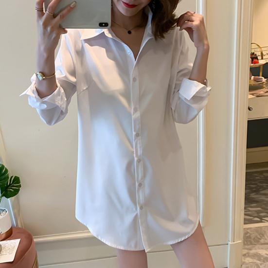 Женская рубашка с лацканами, длинный рукав, рубашка средней длины, однотонная, с пуговицами, планка, повседневная, стандартный крой, топы для повседневной носки