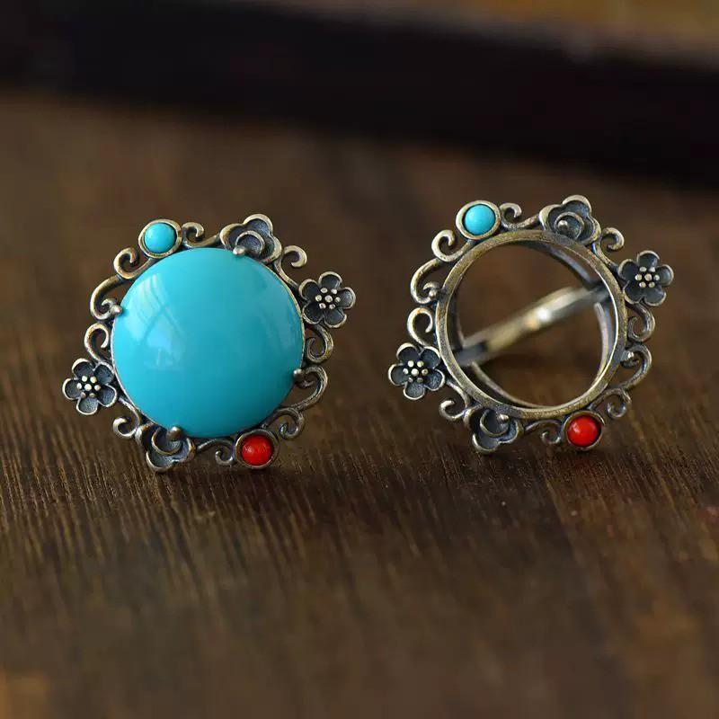 Adjustable Copper Ring With Turquoise Red Agate Floral Design Vintage Bohemian Style Women Men