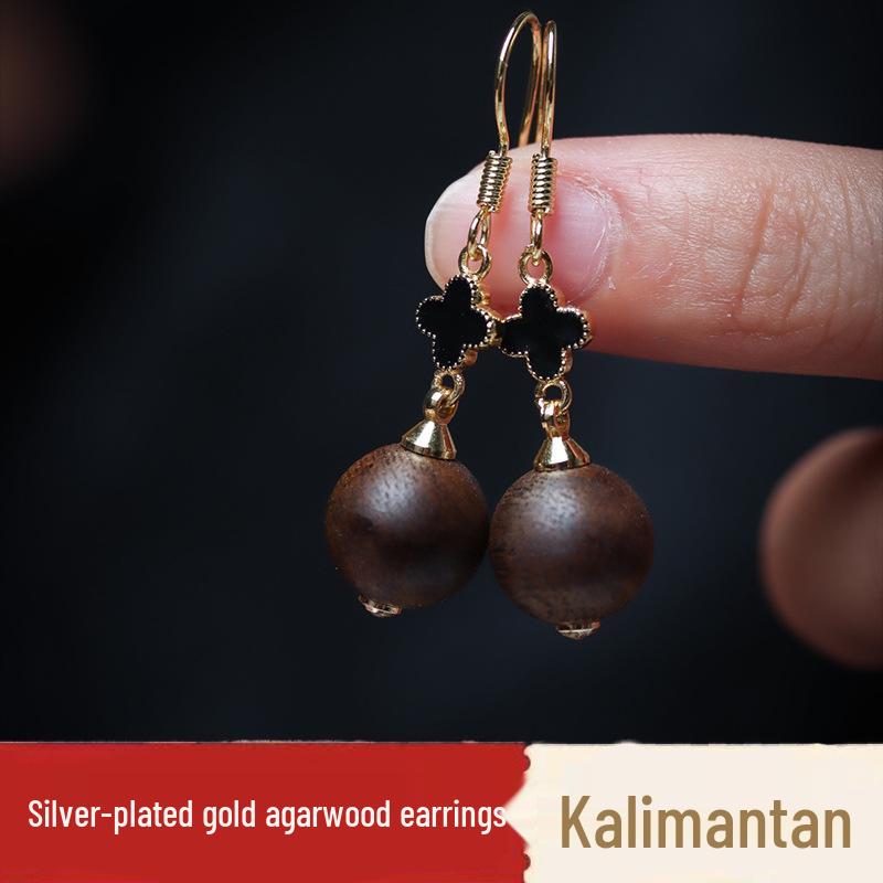 Indonesian Kalimantan Agarwood Earrings: 12mm Grade, 925 Sterling Silver, Gold Plated Studs