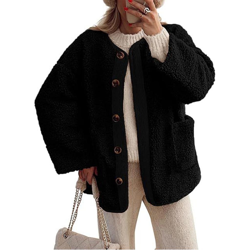 Women's Solid Color Collarless Casual Long Sleeved Button Down Plush Lamb Wool Jacket Jacket