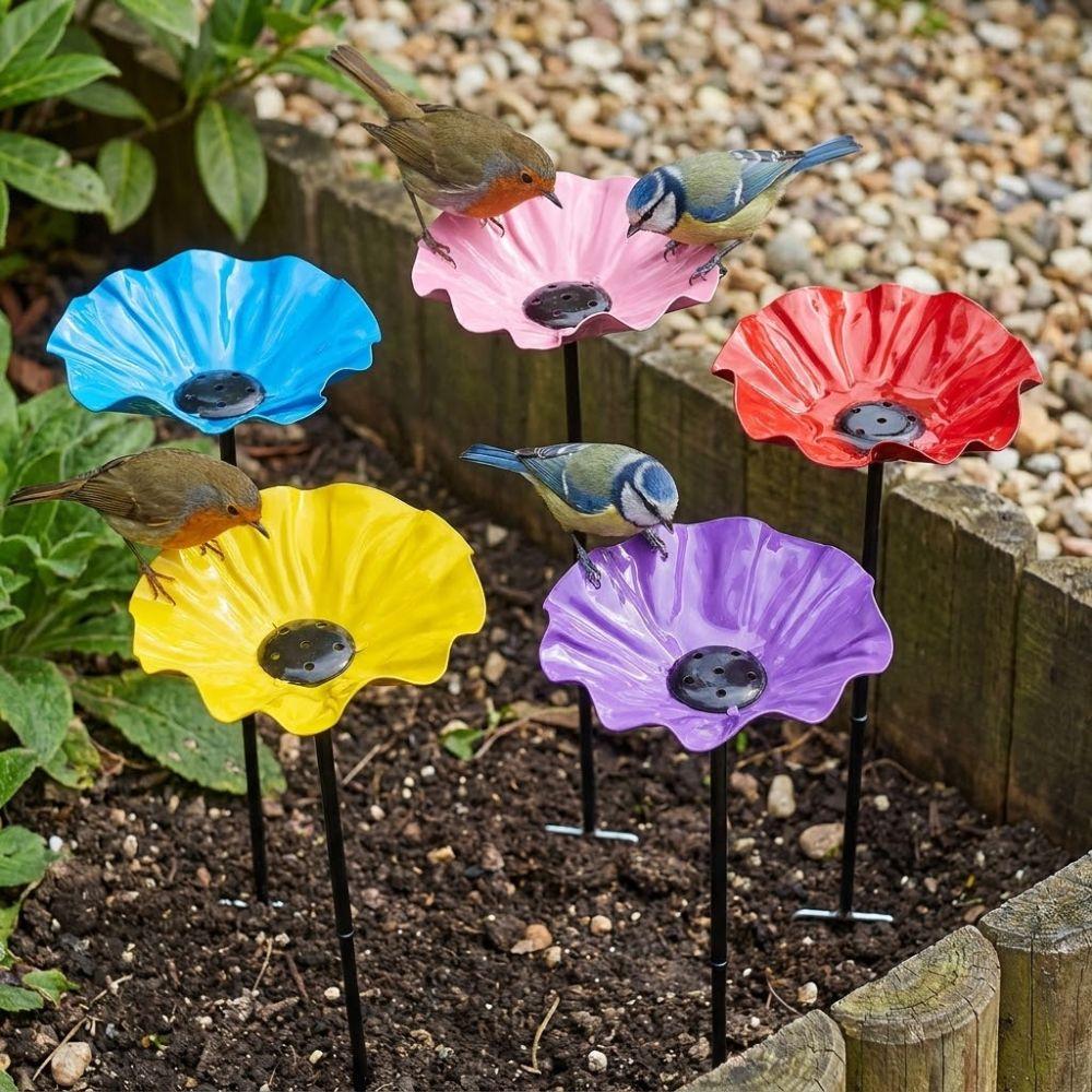 Handcrafted Garden Metal Flower Stake Sturdy Iron Bird Water Feeder  Backyard