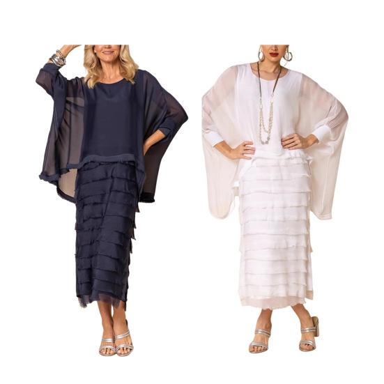 Платье-двойка с длинным рукавом и шалью, двухслойное шифоновое платье с круглым вырезом