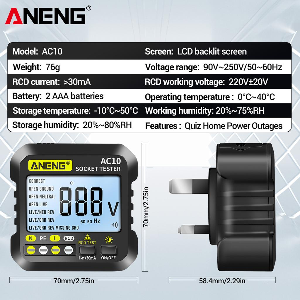 Aneng AC10 Digital Socket Tester Household Plug Detector Polarity Phase Check Voltmeter