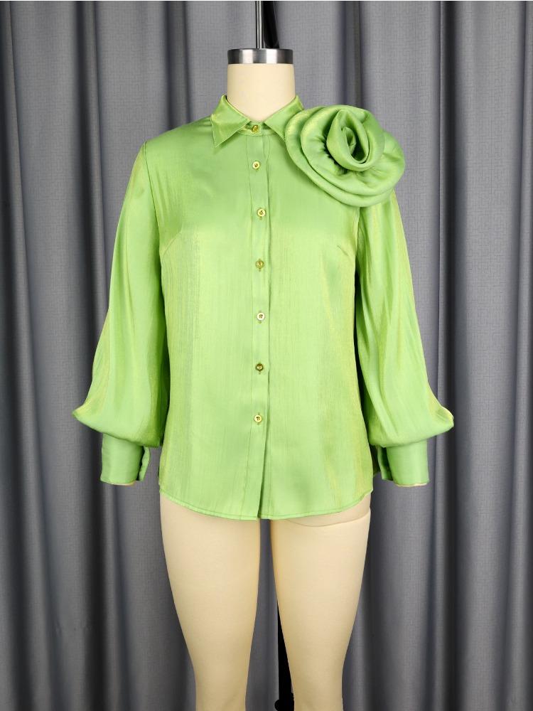 Элеган Женщины Блестящие Рубашки Отложной Воротник Длинный Пышный Рукав Без Рукавов 3D Цветы Пуговицы Мода Вечеринка Топы Женские Событие День Рождения Новый