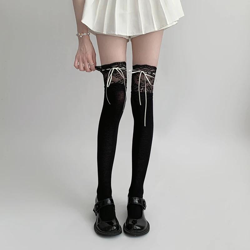 JK Lolita Girls Stockings Hollow Out Mesh Fishnet Thigh High Stockings Japan Style Cute Bowknot Lace Ruffle Long Socks Stockings