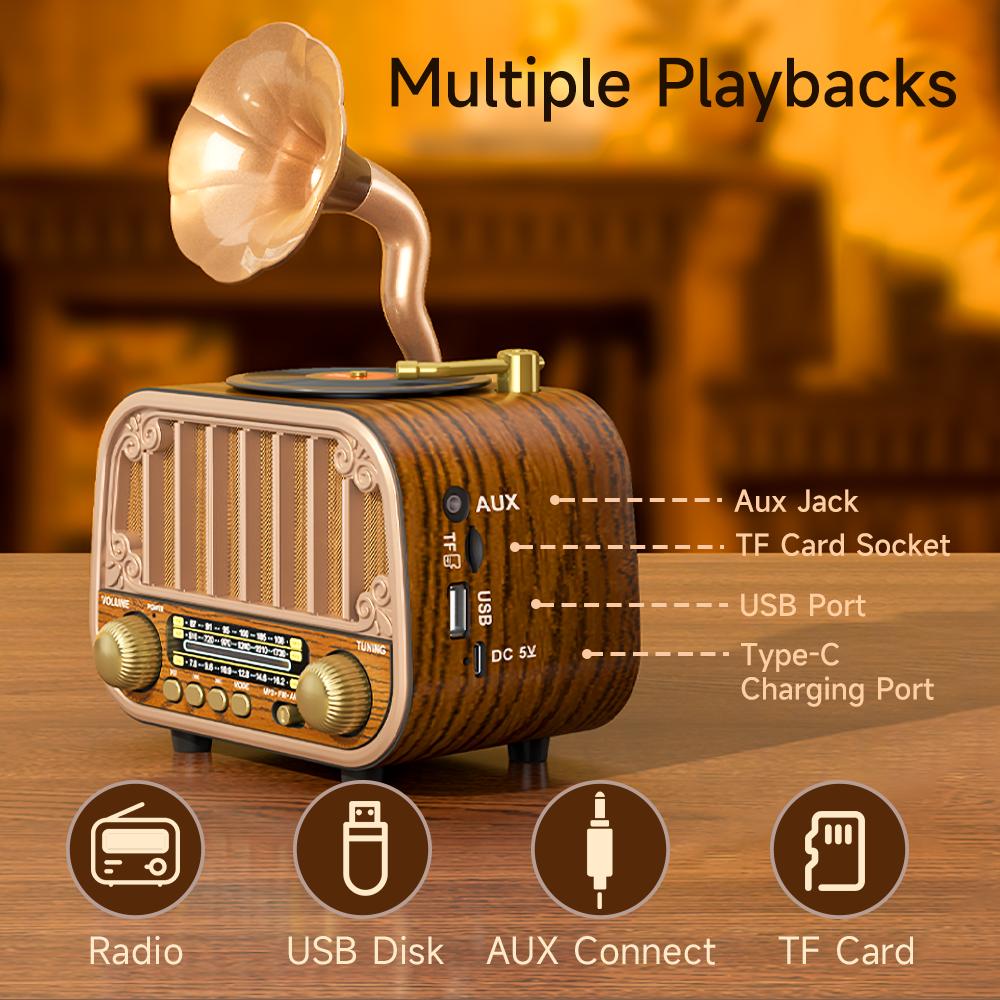Multi-band Vintage Radio, Portable FM AM SW Radio, Wireless Music Streaming & TF Card Play, Retro Styling for Home/Garden