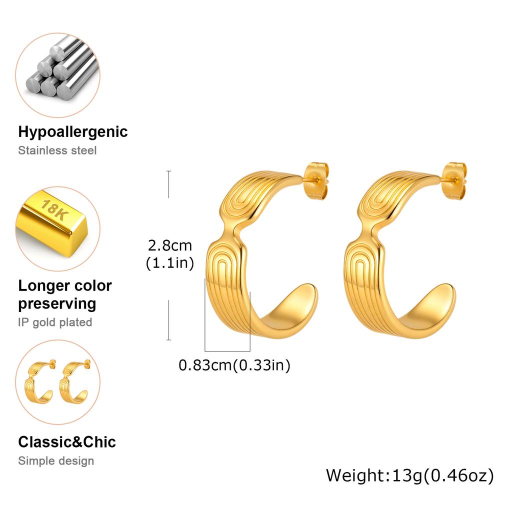Stainless Steel C-shaped Irregular Texture Earrings for Women Geometric Stripe Metal Stud Earrings Gold Plated Statement Jewelry