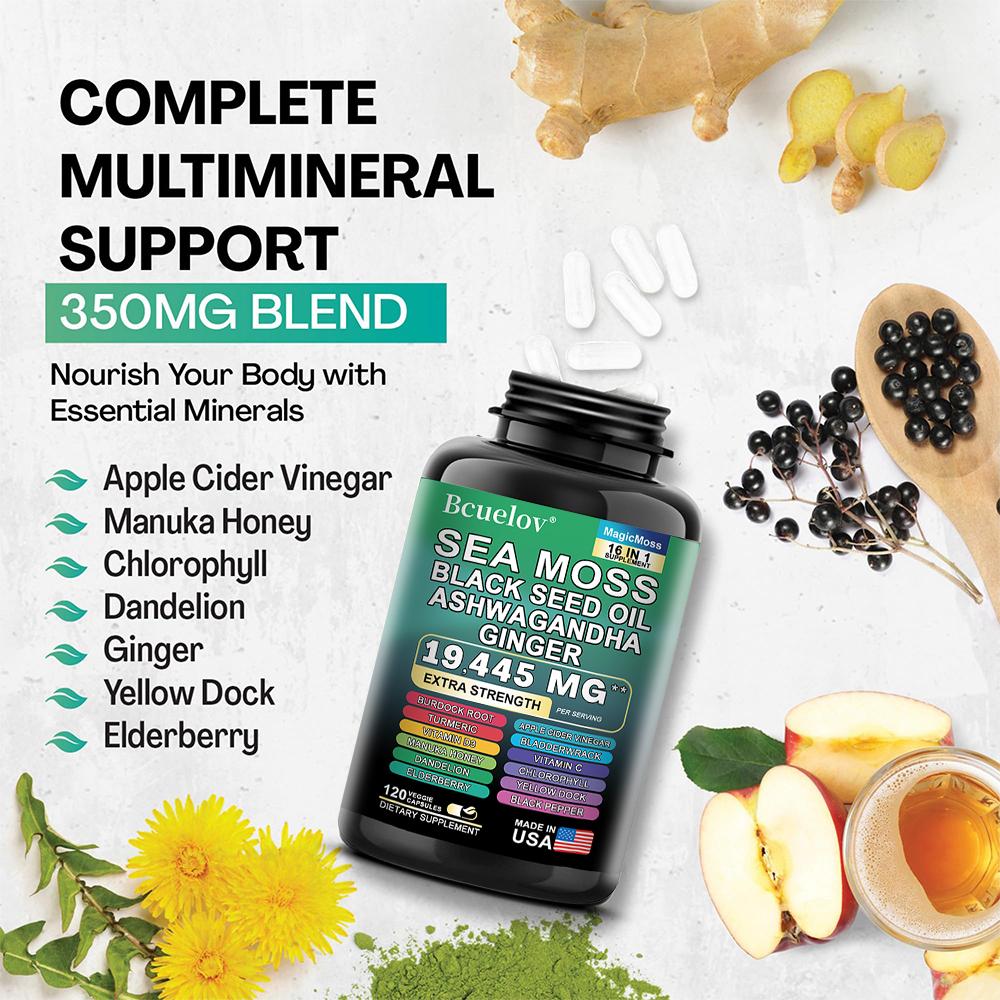 Sea Moss Dietary Supplement, With Vitamin, Turmeric, 120 Capsules Per Bottle