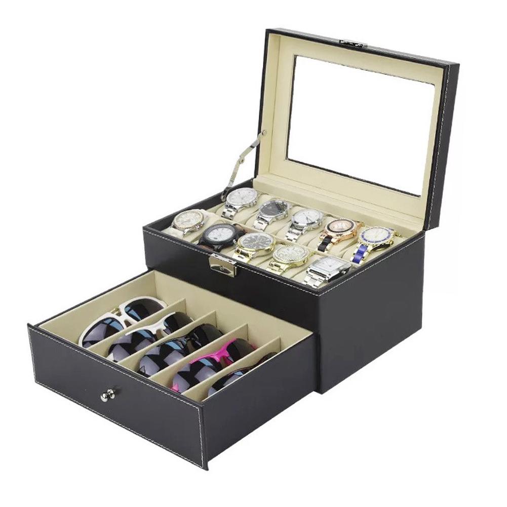 Двухслойный футляр для часов, футляр для хранения очков с 5 ячейками, футляр для часов с 10 ячейками (черный)