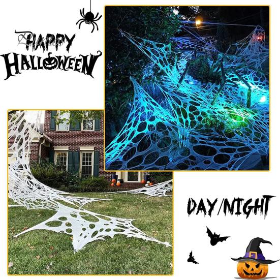 1 Set Halloween Spider Web with Stakes Glow In The Dark Stretchy Fabric DIY Cuttable Reusable Holiday Outdoor Garden Haunted House Decoration Cobweb
