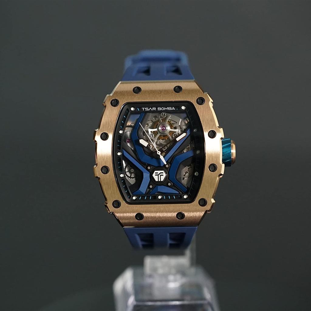 Часы TSAR BOMBA Business 50M Водонепроницаемые скелетонированные часы Стильные наручные часы из нержавеющей стали с циферблатом-бочкой для мужчин Светящийся японский механизм синего цвета